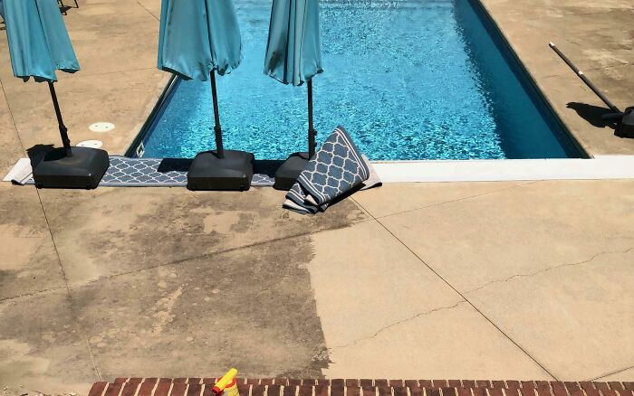"Just Started Power Washing The Concrete Around My Pool. It Hasn't Been Done In 2 Years. Look At The Difference"