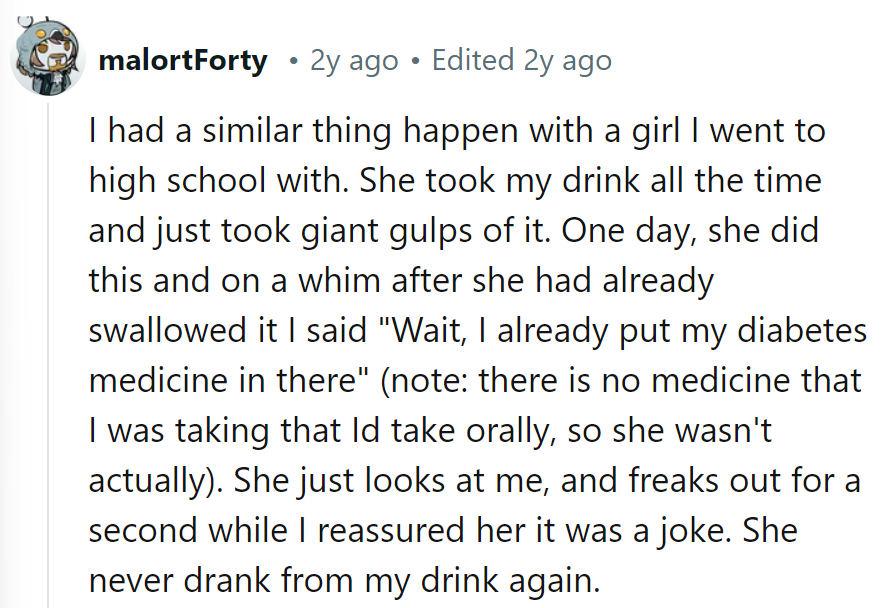 A diabetes scare saved his drink from being swiped again. Note to self: don't mess with others' beverages!