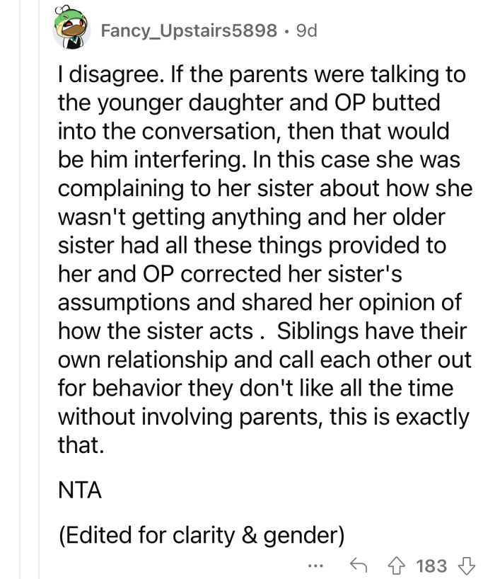 OP had to intervene since she was mentioned in the conversation.