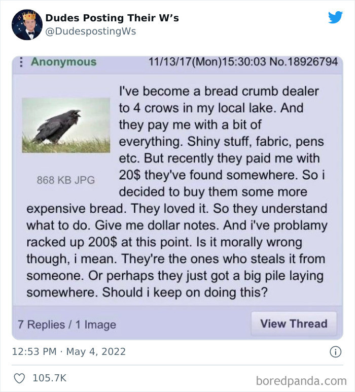 16. I've become a breadcrumb dealer to four crows