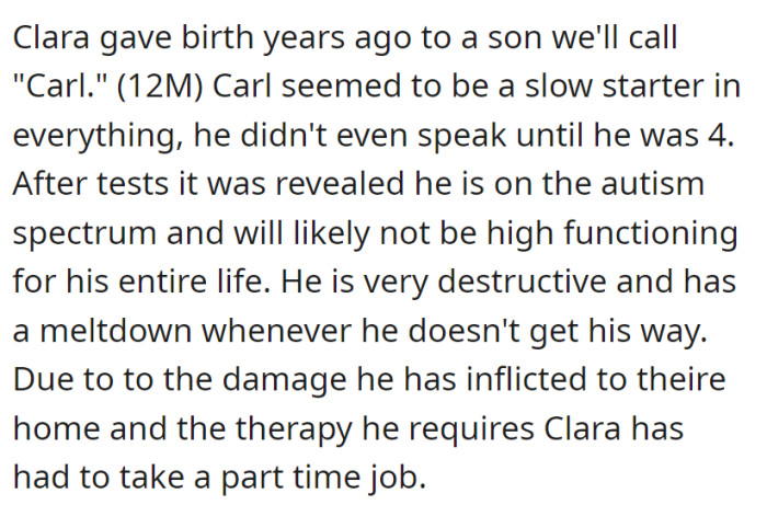 Clara's son, Carl, diagnosed with autism, struggles with destructive behavior and frequent meltdowns, necessitating therapy and leading Clara to take on a part-time job due to the home damage he inflicts.