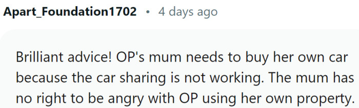 Mom has no right to be angry with OP for using her own property.