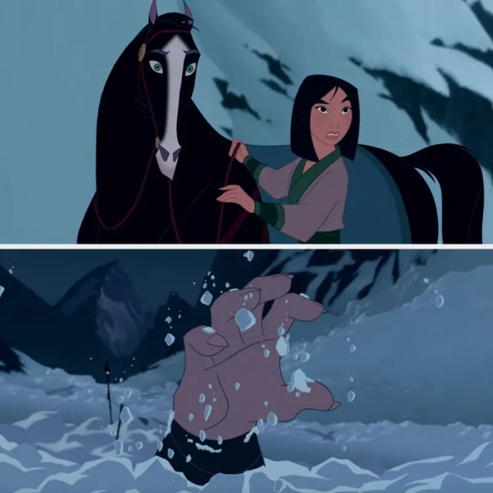 13. The epic moment in Mulan when Shan Yu and his army were buried in an avalanche, then suddenly...Shan Yu punched through the snow.
