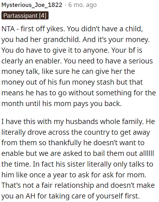 OP needs to have a serious conversation about money with her boyfriend and suggest he use his funds if he wants to help his family.