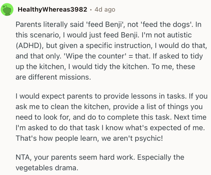 “NTA, your parents seem hard work. Especially the vegetables drama.”