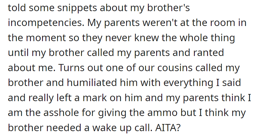 Shared brother's issues at a family event, causing humiliation. Parents blame OP; believes brother needed a wake-up call.