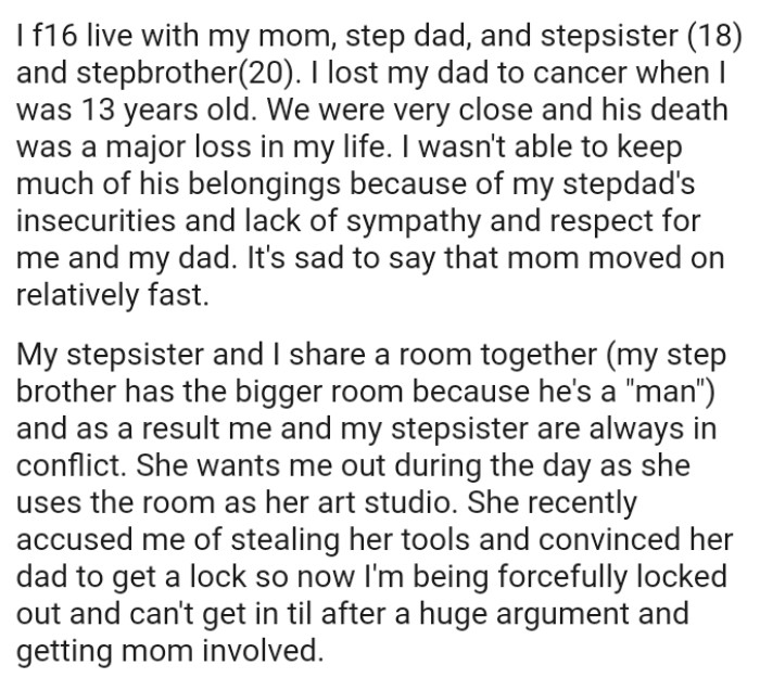 The OP wasn't able to keep much of her dad's belongings because of her stepdad's insecurities and lack of sympathy.