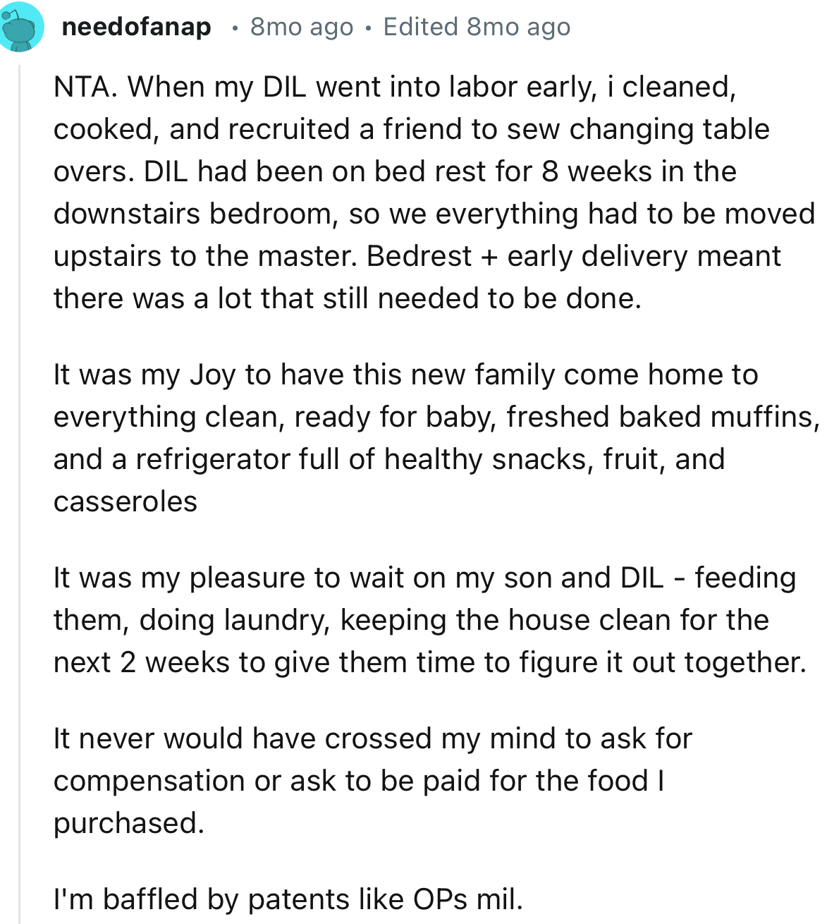 This Redditor has offered similar help to their daughter-in-law in the past, and it never crossed their mind to request payment