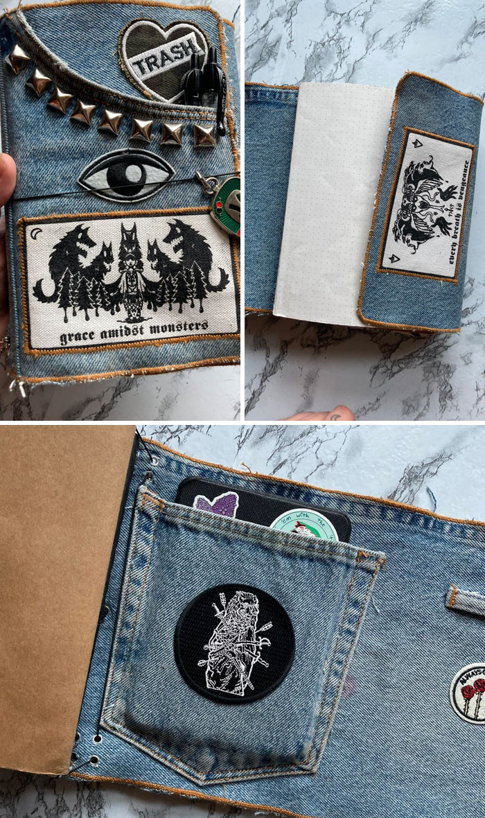 "I Made A Journal Cover Out Of Deconstructed Jeans. It Holds Up To 6 Notebooks + My E Reader!"