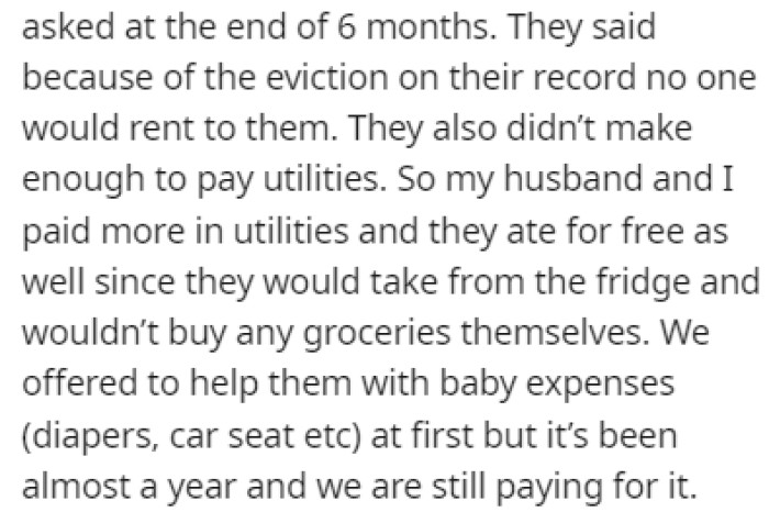 The son and his girlfriend moved in, but they didn't pay for utilities or groceries, making life more expensive for OP and her husband