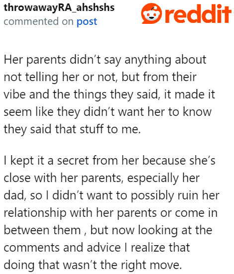 The parents didn't blatantly tell him to keep the conversation a secret, but it seems that they don't want their daughter to know.
