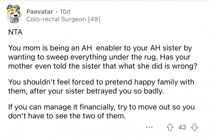 OP's mom is enabling the sister by acting like everything is normal.