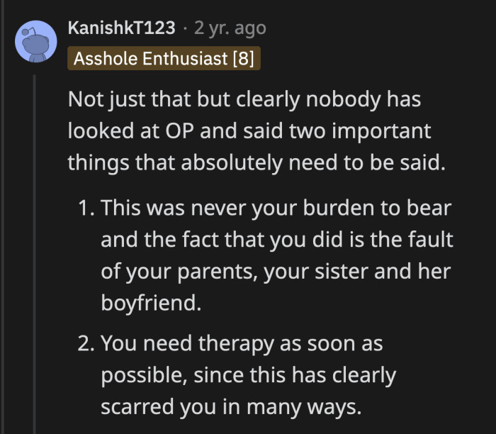 OP should have had a therapist to talk to after raising her sister's newborn for a year without anyone's help or supervision