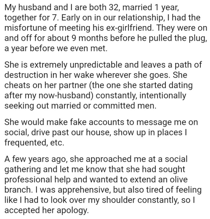 The husband's ex is extremely unpredictable and leaves a path of destruction in her wake wherever she goes