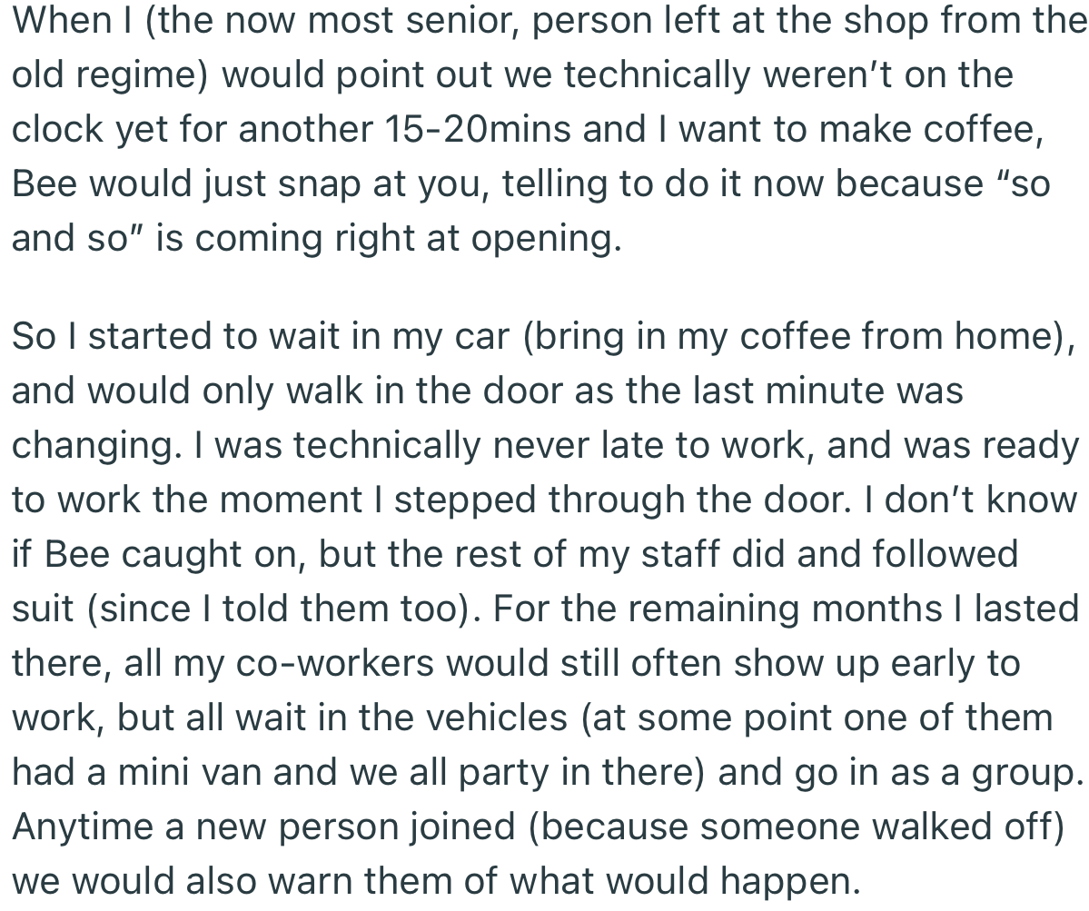 OP devised a plan to counter their boss and got other staff members on board. Each time a new person was employed, they would brief the person and get them on board as well