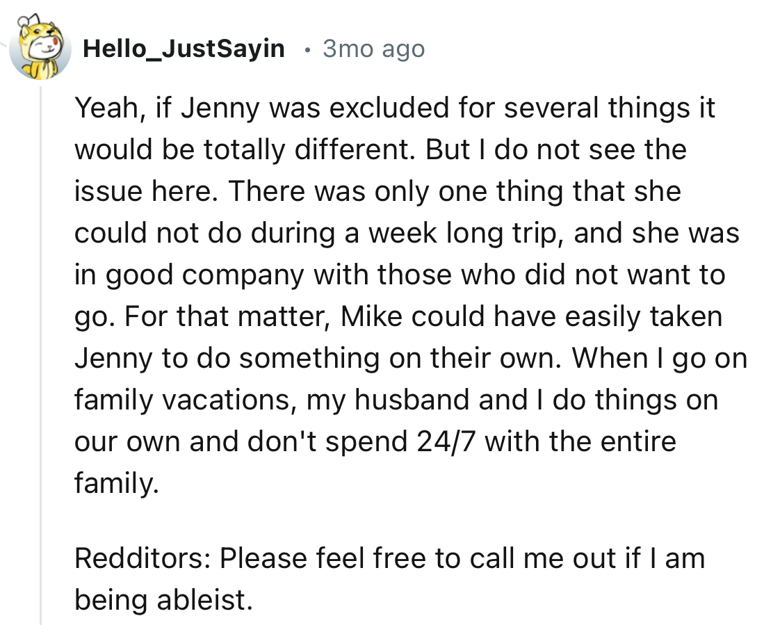 “If Jenny was excluded for several things, it would be totally different. But I do not see the issue here.”