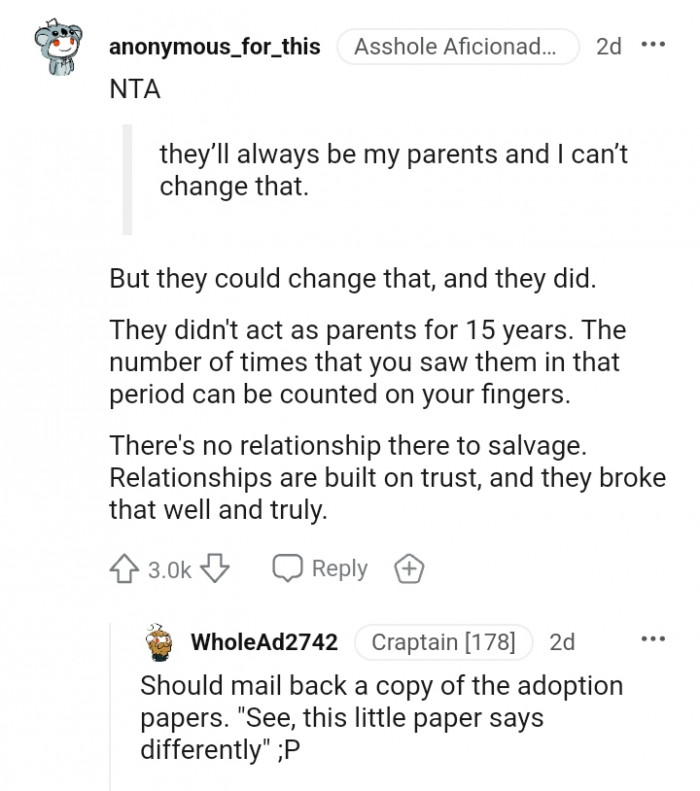 They didn't act as parents for more than a decade