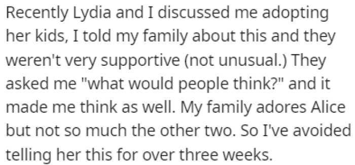 The Couple Has Been Discussing OP Adopting Lydia's Kids, and His Family Doesn't Like the Idea
