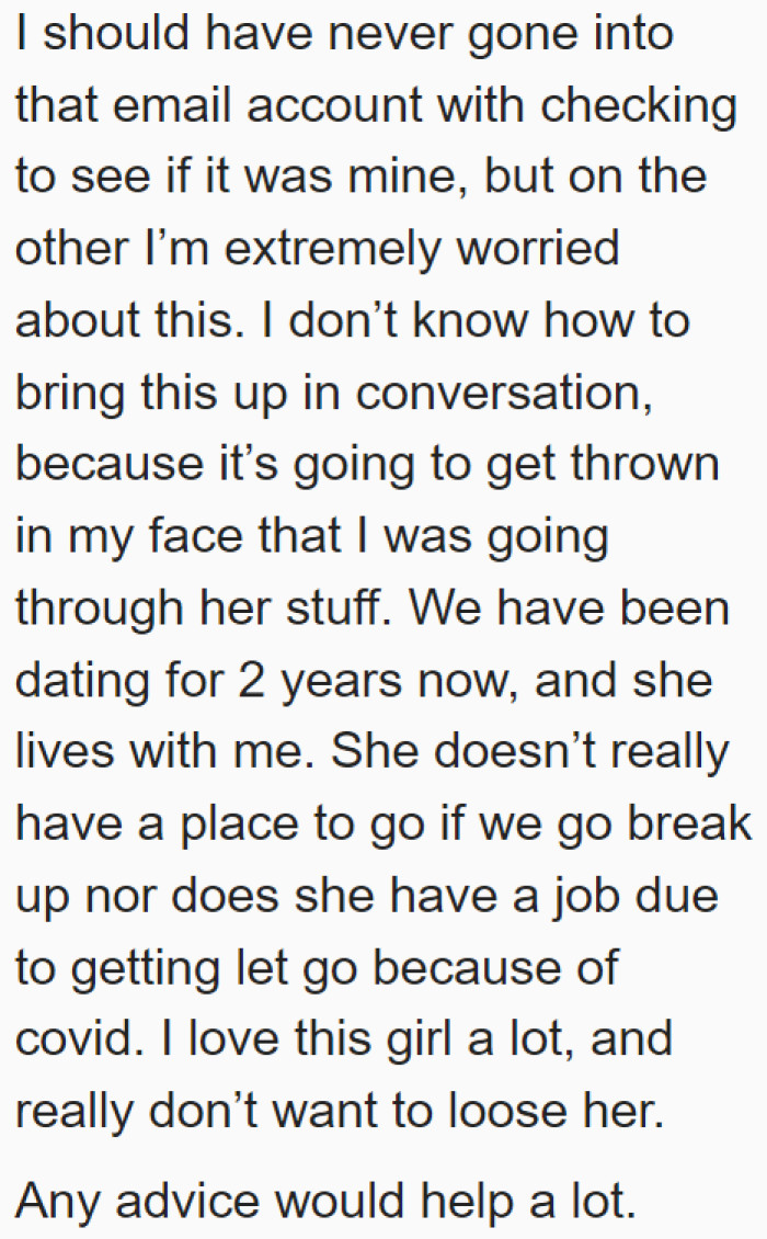 He asks the community for ideas on how to bring this up. The guy isn't ready to lose the girl.