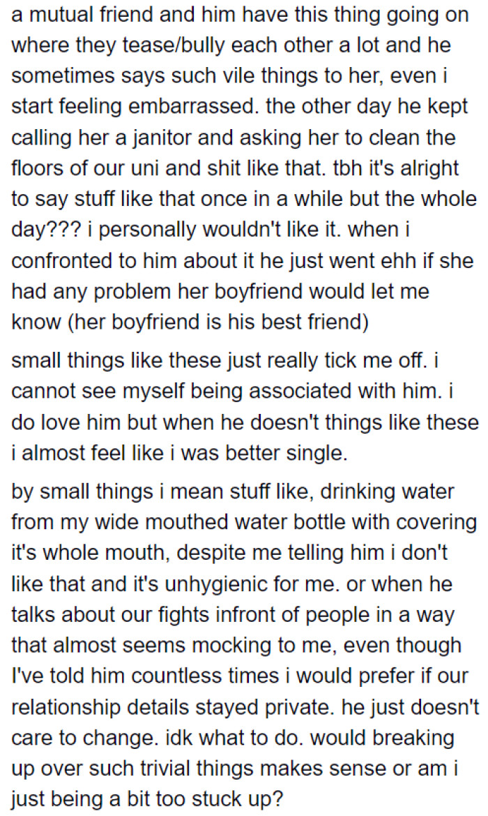 He goes so far as to tease a female friend, uttering vile remarks that leave the OP feeling embarrassed.