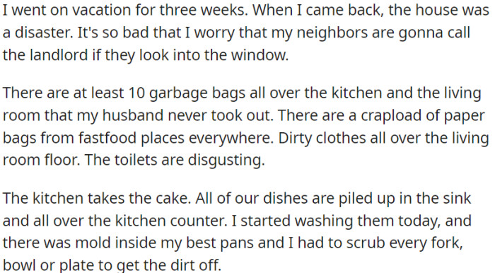After a three-week vacation, OP returned to a disastrous house. The kitchen and living room were filled with garbage bags, fast food bags, dirty clothes, and dirty dishes with mold.