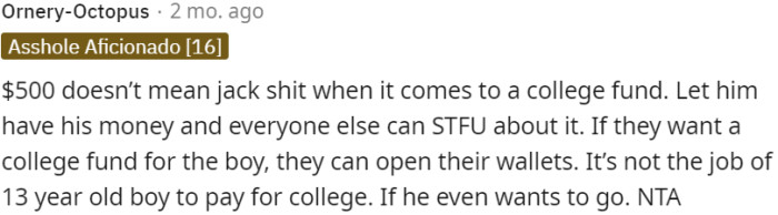 Funding college is not the responsibility of a 13-year-old