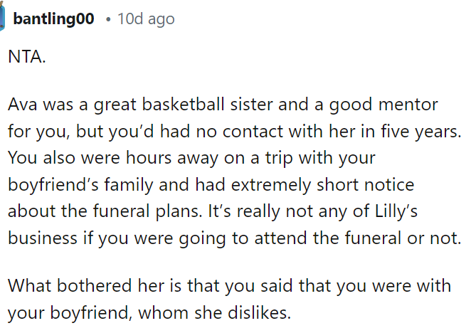 The first comment was long and had a lot to say to OP about her decision not to go.