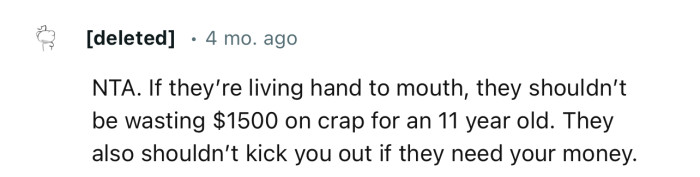 NTA. If They’re Living Hand to Mouth, They Shouldn’t Be Wasting $1,500 on Crap for an 11-Year-Old.