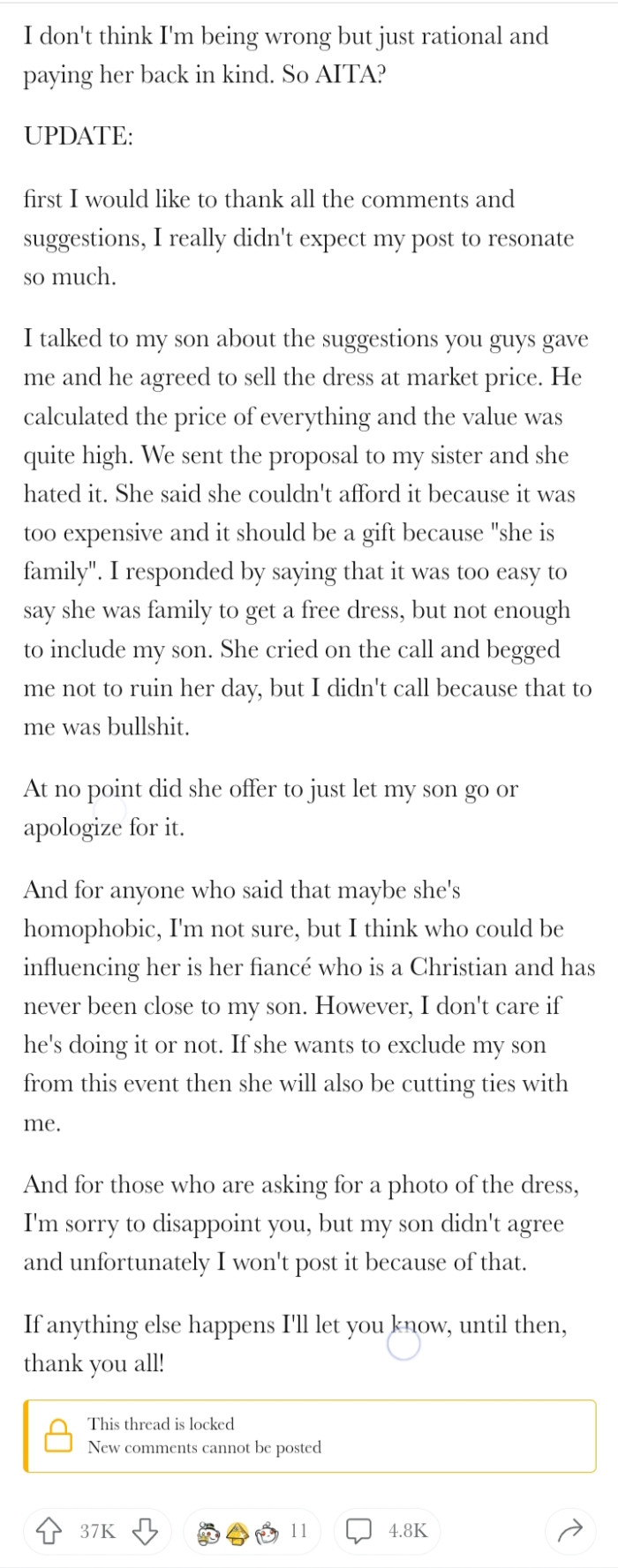 Eventually, OP and his son came up with a plan on what to do with the dress.