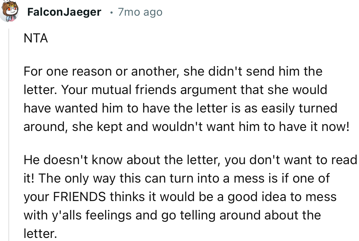 “NTA. For one reason or another, she didn't send him the letter.”