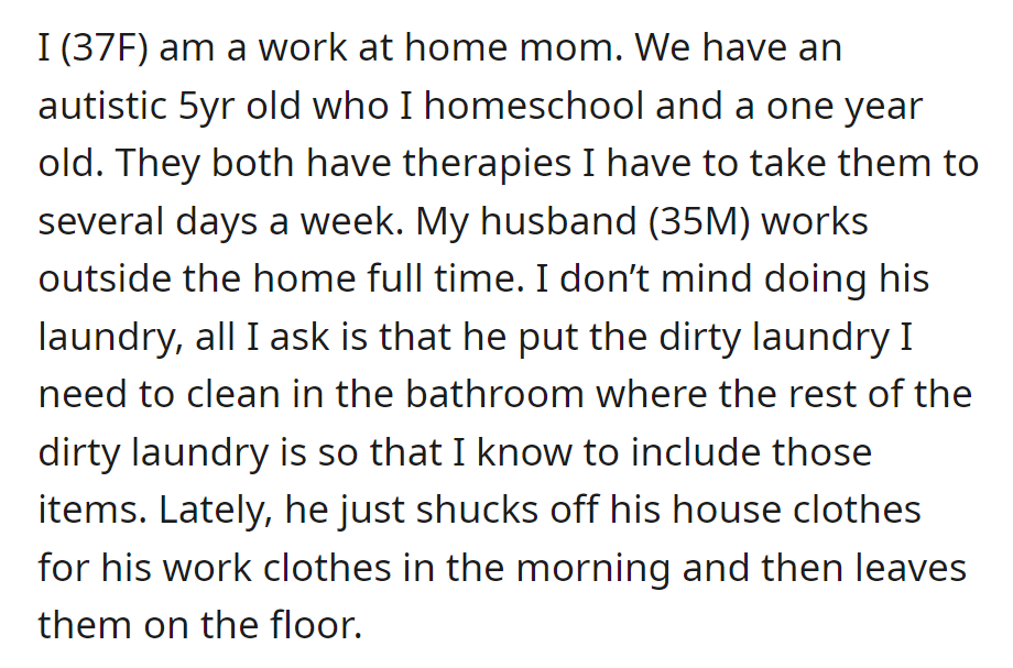 Mom (37F) juggles homeschooling, therapy for kids (5 and 1), while husband (35M) works. OP asks him to put dirty laundry in the bathroom as he has left clothes on the floor lately.