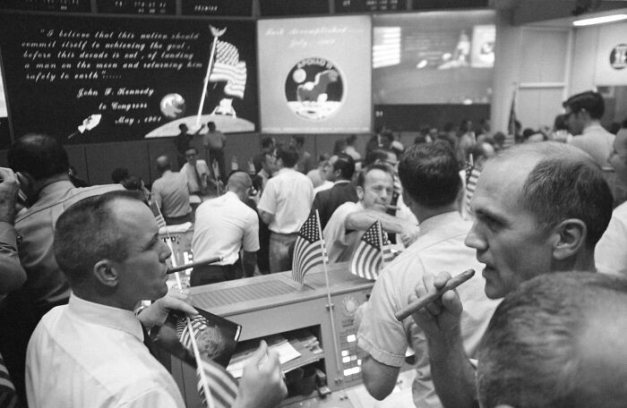 "View Of Mission Control Center Celebrating Conclusion Of Apollo 11 Mission"