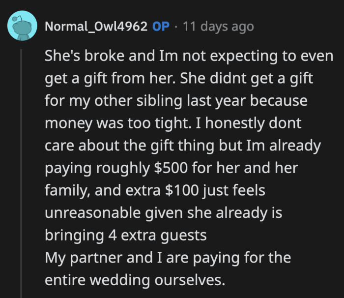 OP said her sister can't afford to pay for her own date but he thinks it's unreasonable if she gets another guest at the wedding when she and her five kids are already attending