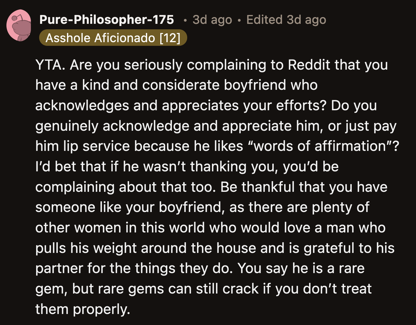 OP's view on being thanked made her gratitude toward her boyfriend questionable. Does she thank him because she appreciates his effort or to satisfy his supposed love language?