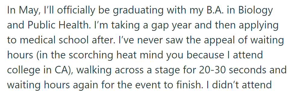 OP has an upcoming graduation for a B.A. in Biology and Public Health. OP had a gap year but then went to medical school.