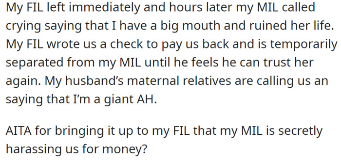 FIL and MIL temporarily separated, and MIL's relatives blame the OP for that: