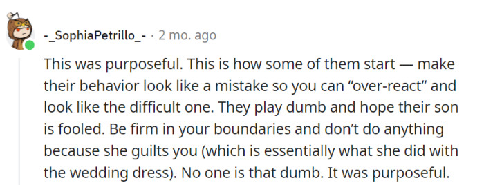 Her mother-in-law is like a soap opera star in the making, but she's not fooled. Don't give in to the guilt trip; it's all part of the scheme.