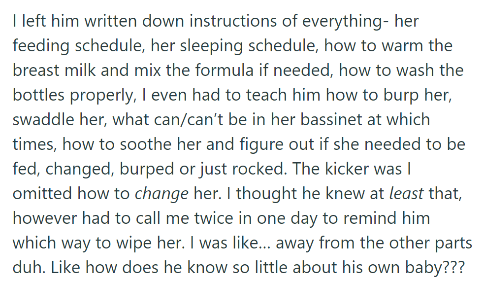 She had left detailed baby care instructions for her husband, who still needed help with diaper changing.