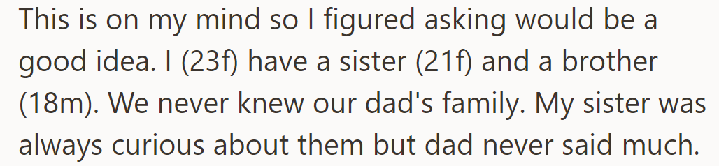 OP and her siblings are curious about their father's family, but he hasn't shared much.