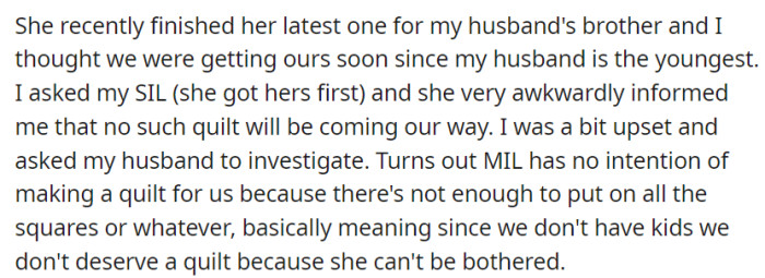 OP eagerly anticipates receiving a personalized family quilt from her mother-in-law, as her husband's brother received one.