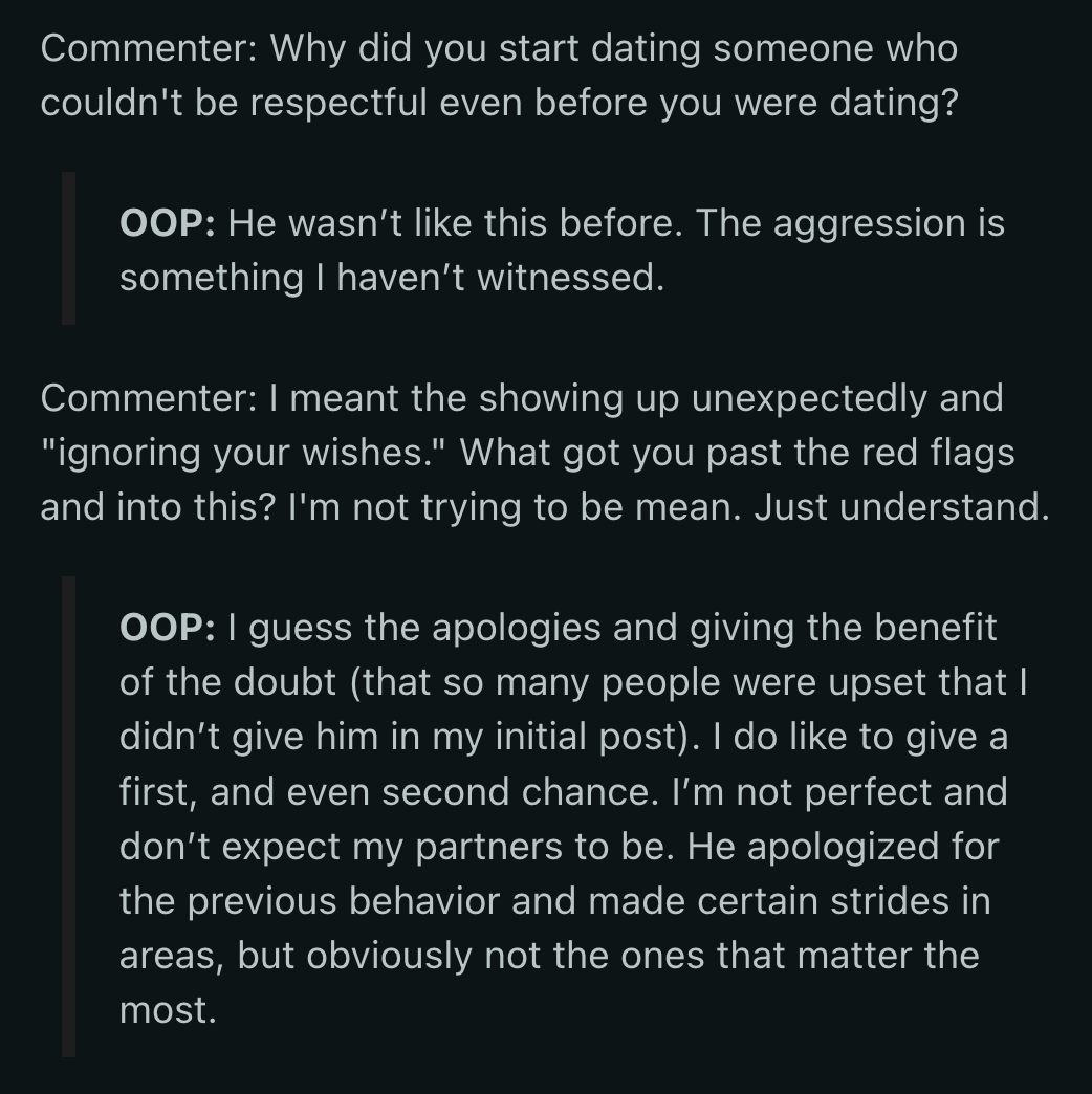 OP explained why she acknowledged but moved past her BF's red flags in the early stages of their relationship.