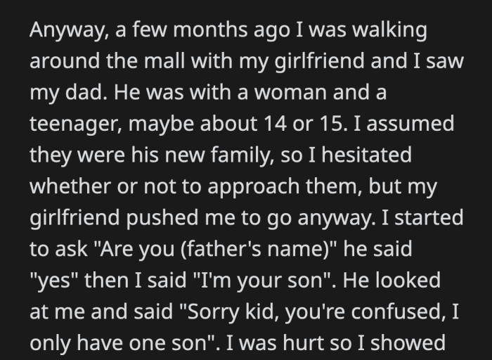 OP walked up to his bio-dad and asked him to confirm his name. He then introduced himself as his son. His dad denied having another son.