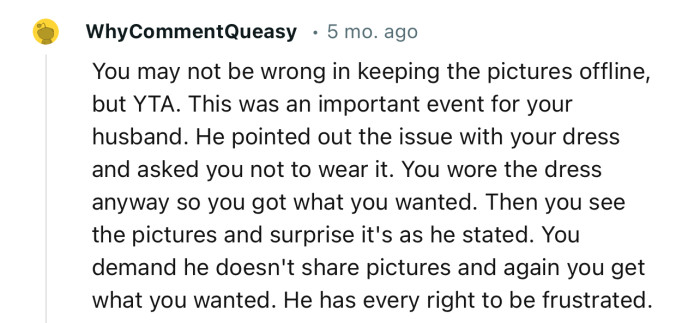 “You May Not Be Wrong in Keeping the Pictures Offline, but YTA. This Was an Important Event for Your Husband.”