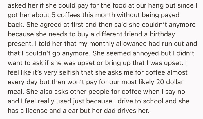 OP decided to ask her friend to pay for their lunch during their planned study hangout. However, her friend gave an excuse so that she could wiggle her way out of spending