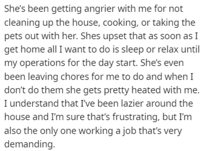 OP's fiancé is getting angrier at OP because they're not cleaning or cooking at all