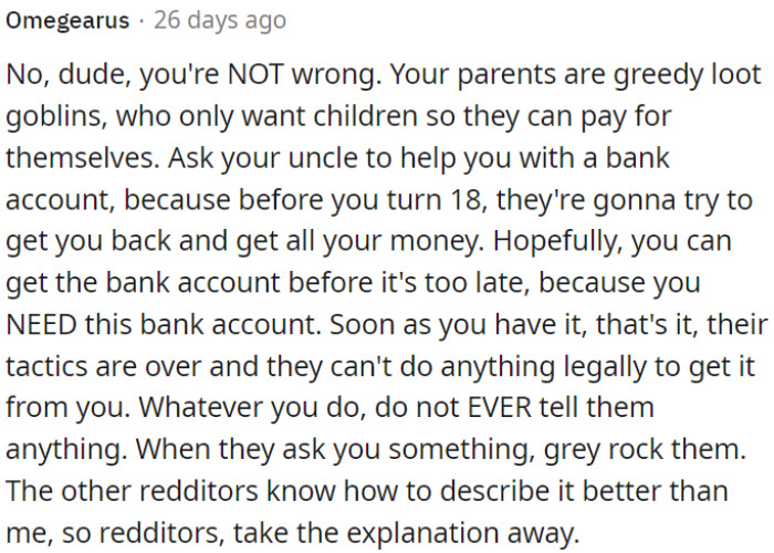 OP can't trust his parents financially; they are only interested in his money.