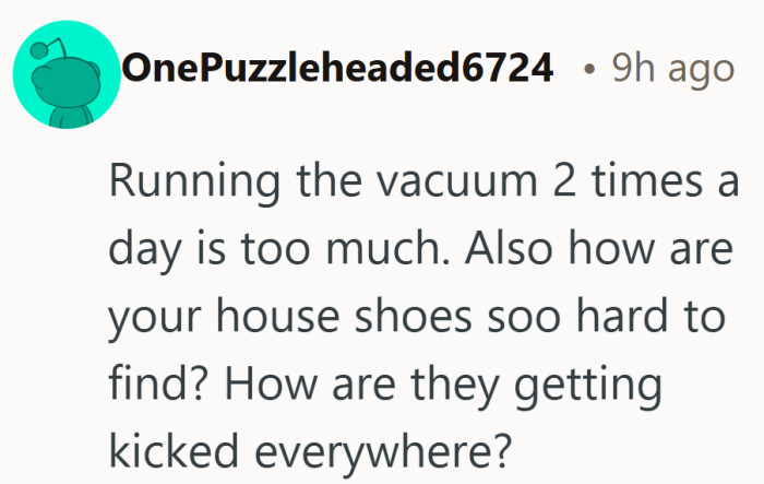 A few people think the cleaning routine is the real issue. Others are stuck wondering what happened to the house shoes.