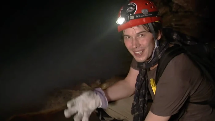 Close-up of acidic cave biofilm on rock, highlighting bacterial extremophile hazards