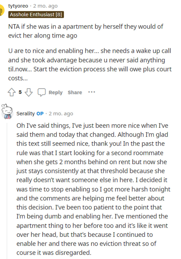 OP responds to this comment and provides us with even more information about their situation and how they have been handling things.