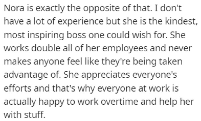 OP explains that Nora is the kindest boss and that she's been doing a great job